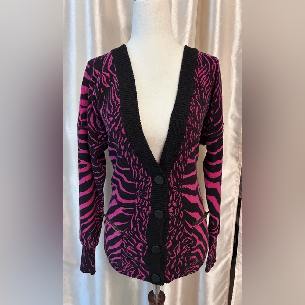 Tracy Reese Snap-Front Cardigan Sweater Cotton Spandex Pink Black Animal Print